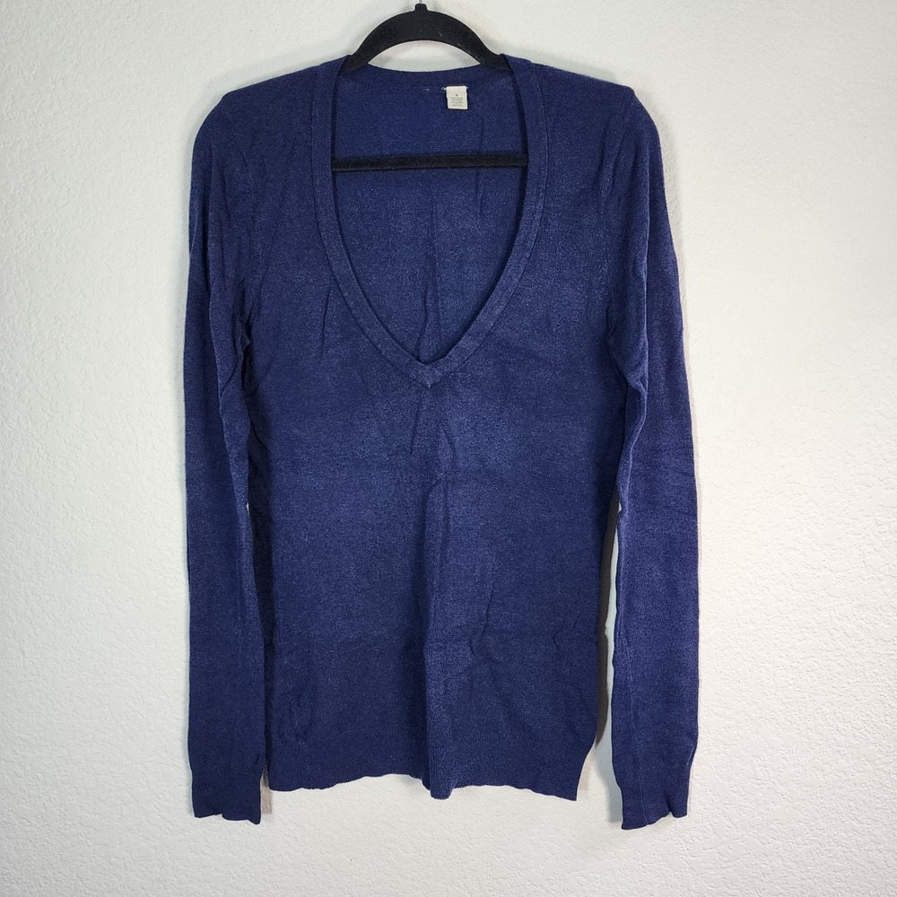 VTG Brass Plum BP Y2K Extra Long Deep V Neck Blue Cotton Blend Sweater Sz M